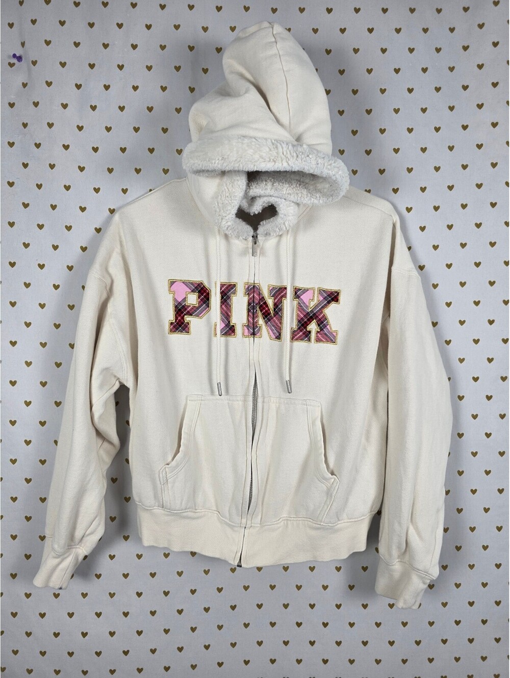 Victorias Secret Pink Fur Lined Hoodie Jacket Plaid Logo Full zip Sweater SMALL
